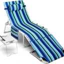 3-in-1 Beach Chair Face Holes, Lounge Chair Outdoor with Folding Side Table, 5-Position Recliner, Lay Flat, Removable Pillow, Heavy Duty, Max 330lbs, Poolside, Patio, Camping, Backyard Striped Blue