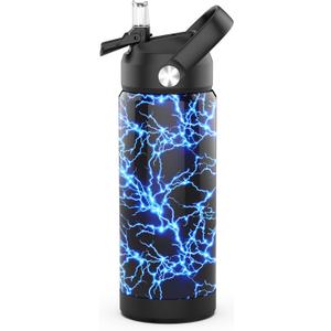 Boys Water Bottle with Straw,18 oz Kids Insulated Cups with Stainless Steel Leak Proof for School,Sport&Travel（Lightning）