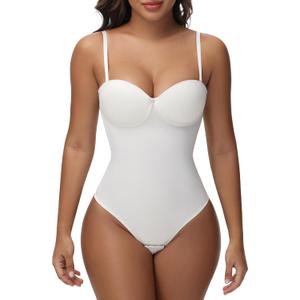 SHAPSHE Strapless Shapewear Corset Bodysuit Tops for Women Tummy Control V Neck Thong Body Shaper Going Out Outfits (Large, White)
