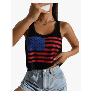 Women's Sexy American Flag Crop Tank 4th of July Patriotic Sleeveless Tee Tops, L, Black
