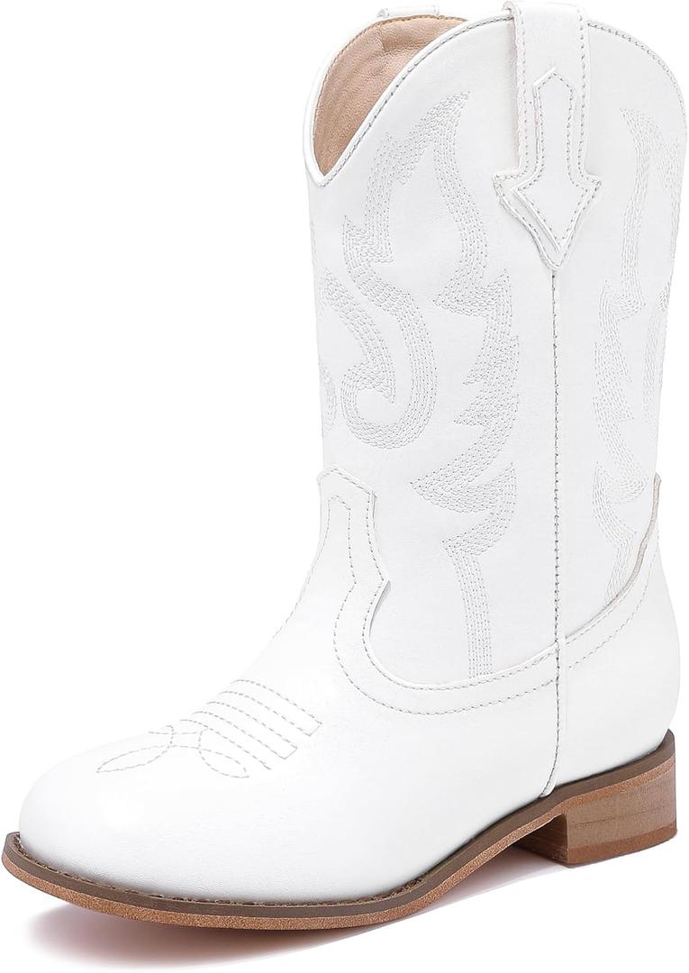 Girls Cowgirl Boots Unisex-Child Mid Calf Glitter Toddler Cowboy Boot Little Big Kids Western Riding Shoes (Pure White), Size: 9 Toddler