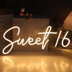 SYLHOME Sweet 16 LED Neon Light Sign 17"X7.3" 5V Sweet Girls Adults Bedroom Happy 16th Birthday Party Wall Decor Beautiful Bestie Sister Gift USB Warm White