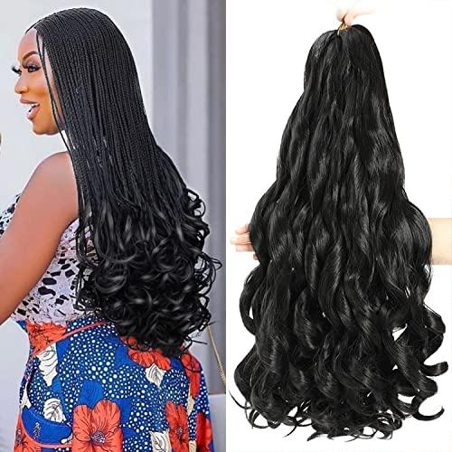 Conrora French Curly Braiding Hair 18 Inch 4 Packs Black Color - Pre Stretched Bouncy Braiding Hair- Loose Wavy Synthetic Hair Extensions For Black Women (18 inch 4packs 1B)