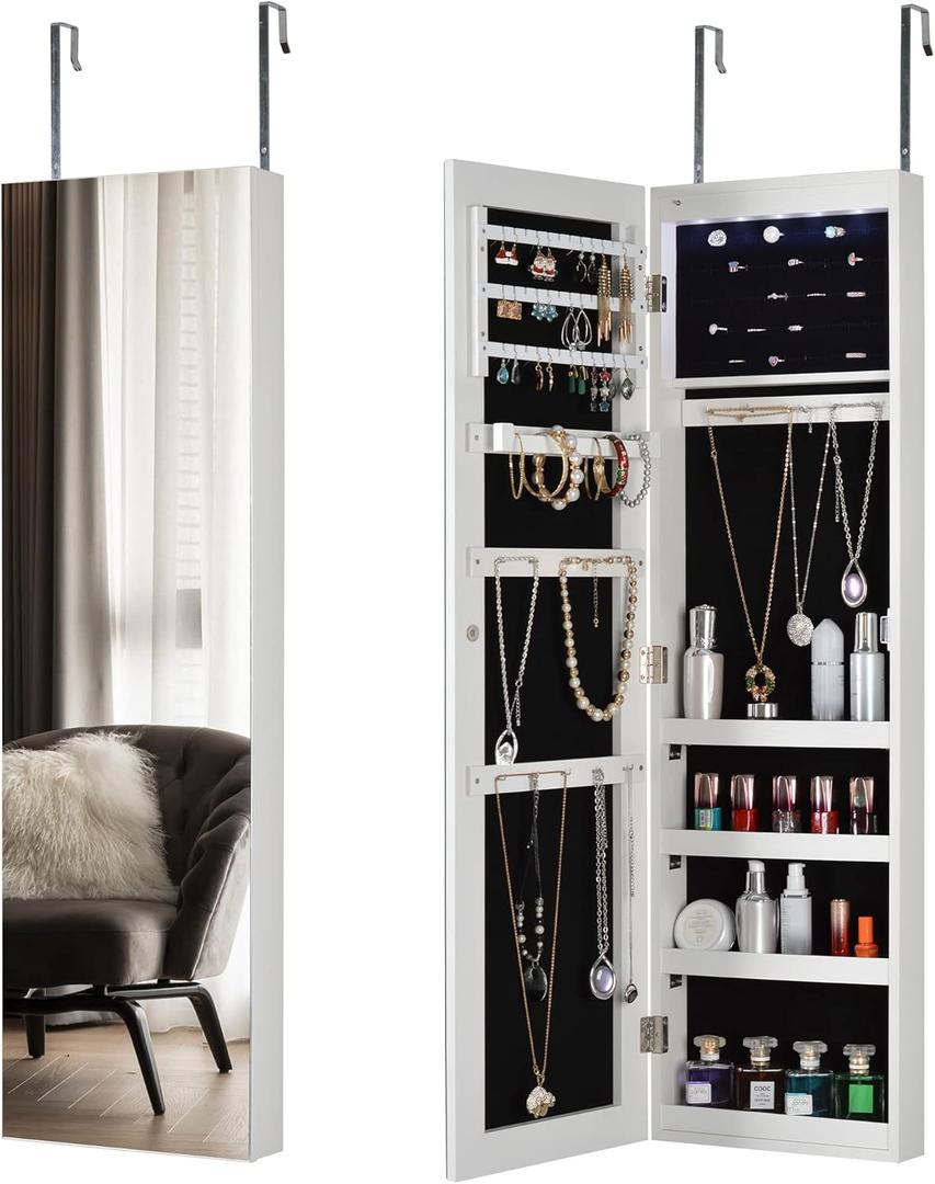 Hanging Mirror Jewelry Cabinet with Storage, Sliding Full Length Mirror Jewelry Armoirer, Wall-Mounted Cabinet Door-Mounted Jewelry Organizer with Interior LED Lights - White