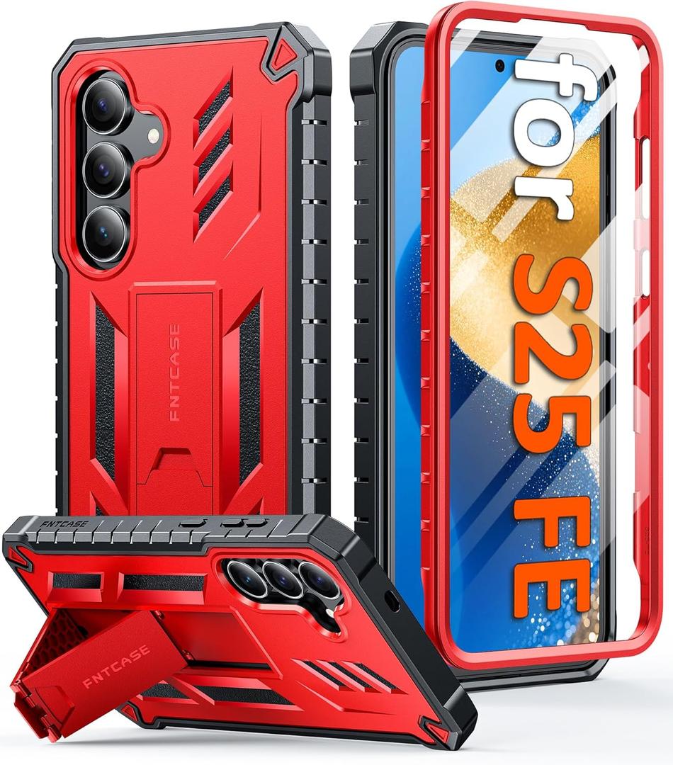 FNTCASE for Samsung Galaxy S25-FE Case: Military Grade Drop Proof Protection Mobile Cover with Kickstand | Matte Textured Rugged Shockproof TPU | Protective Sturdy Phone Case Red