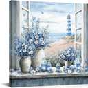 HOMEOART Lighthouse Canvas Wall Art Ocean Beach Seascape Decor Art Prints Framed Coastal Picture,Blue Bathroom Decor,Beach Bedroom Living Room Decoration Artwork 24inchx24inch
