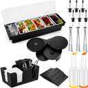 Mifoci Garnish Tray with Lid Bar Caddy 3 Tier Glass Rimmer 12 Stainless Steel Bottle Pourers 2 Plastic Juice Pour Bottles 1000 Count Cocktail Straws 3 Serving Tongs(6 Compartments,Plastic)