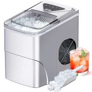 Silonn Ice Makers Countertop, 9 Cubes Ready in 6 Mins, Self-Cleaning Ice Machine with Ice Scoop and Basket, 26lbs in 24Hrs, 2 Sizes of Bullet Ice for Home Kitchen Office Bar Party, Sliver
