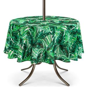 UMINEUX Outdoor Tablecloth with Umbrella Hole and Zipper, Spring/Summer Waterproof Table Cover for Picnic/BBQ/Garden(60" Round,Green Plant)
