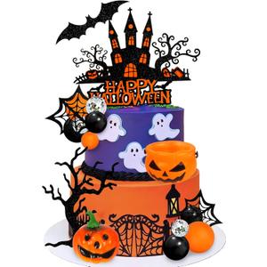 Halloween Cake Toppers Pumpkin Ghost Skull Head Spider Castle Cake Decorations for Trick-or-Treat Halloween Supplies