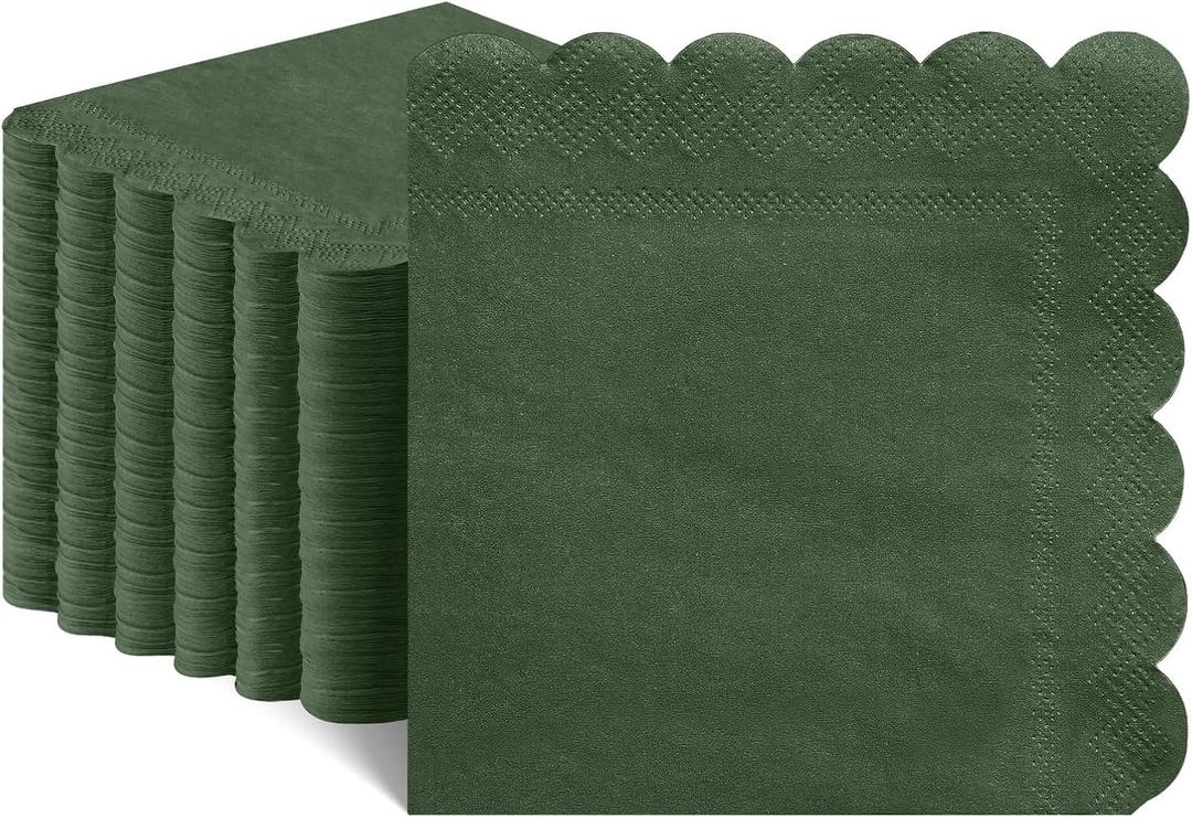 120 Pcs Cocktail Napkins Olive Green Napkins Disposable Scalloped Dessert Beverage Napkin Dark Green Dinner Napkin for Wedding, Bridal Baby Shower, Christmas, 5 x 5 Inch