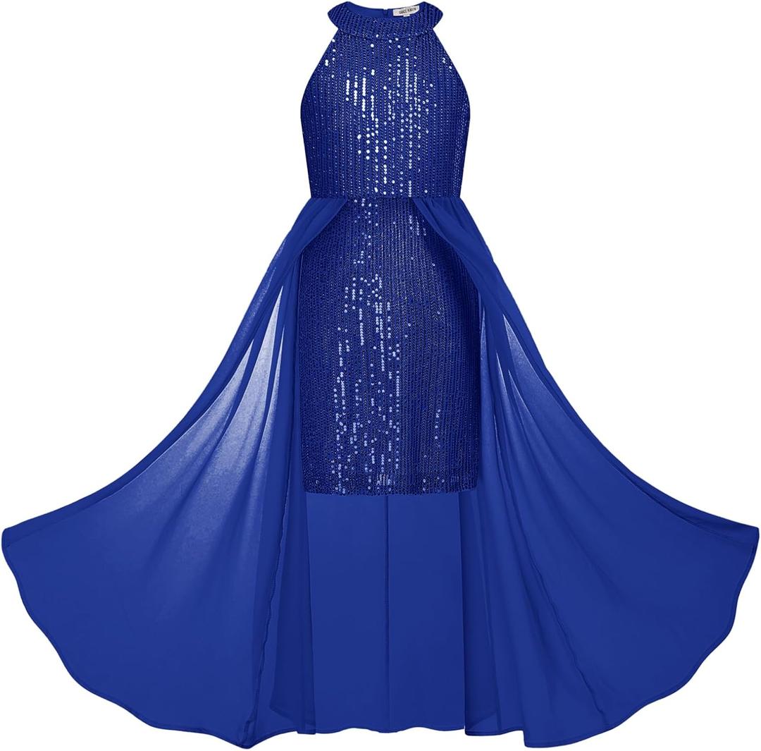 GRACE KARIN Girls Halter Neck Sequin Dress 6-14Y Kids Fancy Formal Party Christmas Sparkly Pageant Birthday Dresses (10-12 Years, Royal Blue)