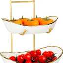 White Ceramic 3 Tier Modern Fruit Bowl with Metal Stand, Tiered Fruit Tray for Kitchen Counter, Snacks Nuts Bread Candy Storage