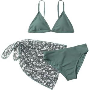SHENHE Girl's 3 Piece Swimsuit Cute Spaghetti Strap Triangle Bikini with Ditsy Floral Print Cover Up Kid Bathing Suit (Green)