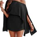 CHICME Women's 3 Piece Summer Outfits Off Shoulder Batwing Sleeve Tops with Bandeau and Skorts Sets Casual Vacation Outfit (Large, Black)