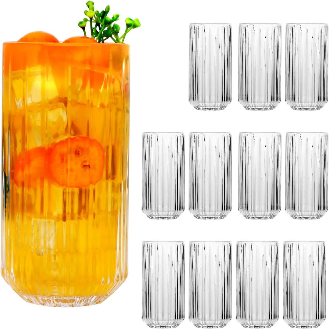 QAPPDA Highball Glasses Set of 12,Vintage Ribbed 13oz Drinking Glasses,Origami Style Glass Cups Everyday Glassware for Cocktail,Whiskey,Juice,Water