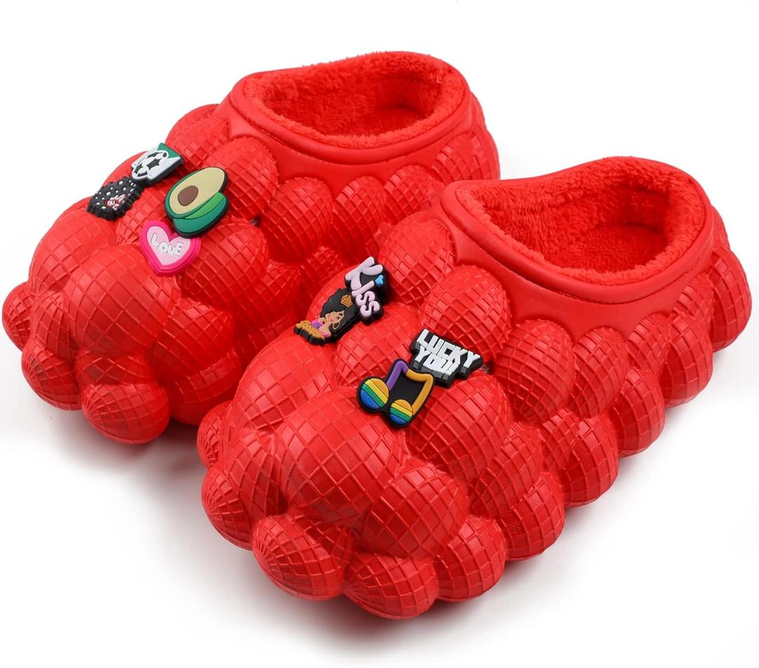 Bubble Slides for Women/Men, Massage Bubble Slippers, Funny Bubble Shoes with Plush Lining, Comfy Fuzzy Plush Lining House Slipper, Soft Pillow Stress Relief Slide, Shock-absorbing Mute Household Slippers(8.5-9.5 Women/7-8 Men, Red)