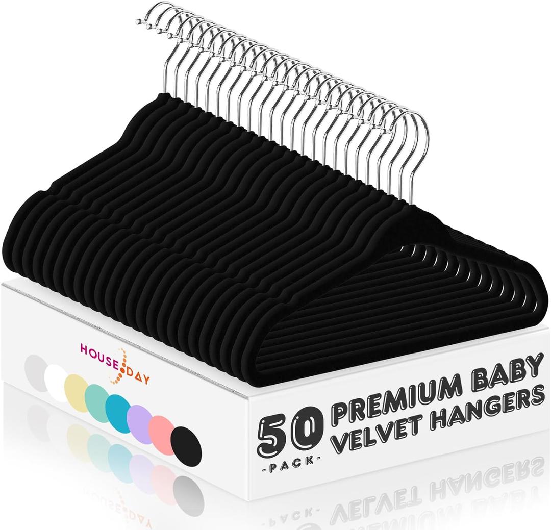 HOUSE DAY Velvet Baby Hangers 50 Pack, Premium Children's Hangers for Baby, Infant & Toddler Clothes, Durable Non Slip Baby Felt Hangers Black, 11 Inch Baby Hangers for Closet, Ideal for Everyday Use