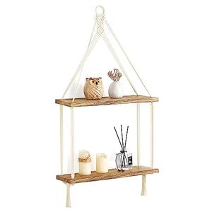 Mkono Macrame Hanging Shelf Boho Wall Decor 2 Tier Handmade Cotton Rope Rustic Wood Floating Shelves Display Photos Plants Hanging Storage Shelving for Living Room Nursery Bathroom Bedroom