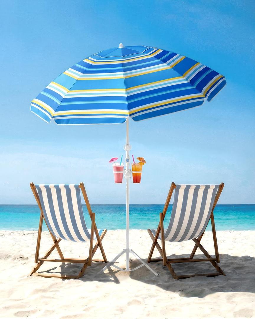 paramondo Portable Beach Umbrella with Cup Holder - 6.5FT Blue and White Striped Sun Umbrella, Adjustable Aluminum Alloy Pole, Windproof & UV Protection for Sand, Patio, and Backyard, Summer Carnival