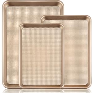Vinino Baking Sheet Set of 3, Cookie Sheets For Baking with Square Texture Pattern, Thicker Carbon Steel Non-stick Baking Pan Half/Quarter/Jelly Roll Pans Tray for Oven (Gold-3 pack)
