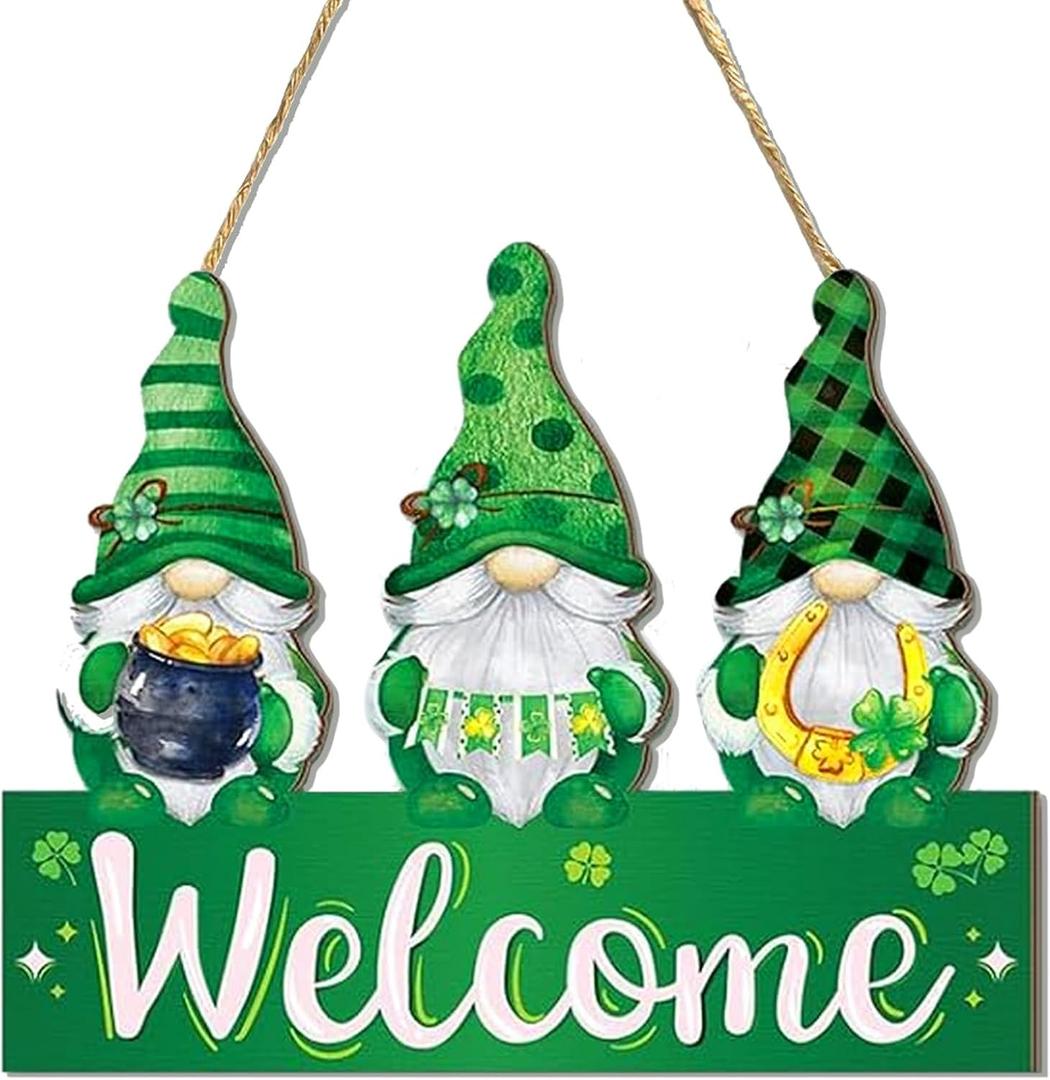 4 x St. Patrick's Day Decoration, Gnome Welcome Wooden Hanging Sign, Gnome Shamrock Wreaths for Front Door, Irish Sign Welcome Hanging for St. Patrick's Day Home Decor Party