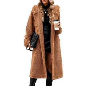 Women's Fuzzy Fleece Hooded Coat Winter Oversize Long Cardigan Jacket Warm Faux Fur Outwear with Pockets (Large, Camel)
