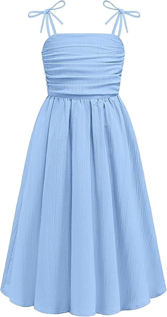 Arshiner Girls Summer Dress Maxi Spaghetti Strap Ruched Flowy Beach Boho Casual Teen Girl Sundress 6-14 Years (Blue)