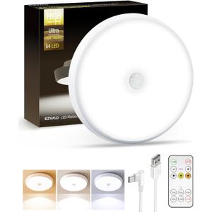 EZVALO Motion Sensor Ceiling Light, 10000mAh Rechargeable, LED UltraBright 400LM Closet Lights, Wireless Battery Operated with Remote, Shower Light with 3 Color Temps for Closet, Bathroom, Pantry (White)