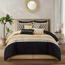 Stratford Park Geometirc King Black Gold Comforter Set, 10 Piece, Jacquard Bedding Comforters & Sets, Bedskirt, Pillows & Shams,