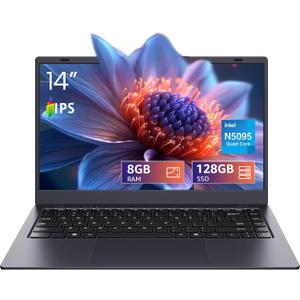 UOWAMOU 14" Laptop - N5095 Quad-Core, 8GB RAM 128GB SSD, WiFi 5/Bluetooth 5.0, Webcam Privacy Cover, Preloaded Office 2024 - Ultra-Portable