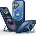 QTlier for iPhone 16 Case, 360 Rotatable Ring Stand, Raised Camera Frame, Shockproof Case Compatible with MagSafe, Case for iPhone 16, Translucent Blue