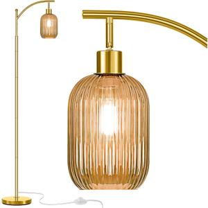 gernehop Glass Floor Lamp for Living Room, Modern Gold Standing Lamp with Ribbed Glass Lampshade Pedal Switch, 67 Tall Lamp for Bedroom Study Room