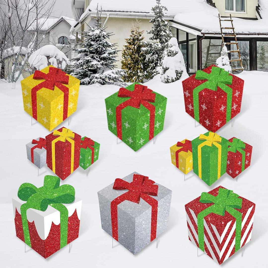 Queekay 8 Pieces Christmas Yard Signs Glitter Gift Box Outdoor Lawn Decorations with 16 Stakes Funny Holiday Present Box Yard Decorations for Christmas Home Lawn Party Supplies