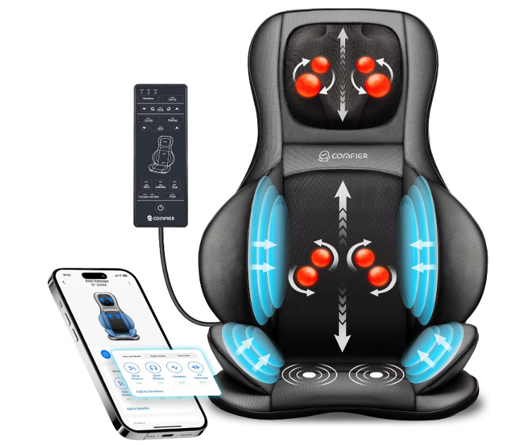 COMFIER Shiatsu Neck Back Massager with Heat,2D/3D Massage Chair Pad with App Control,Deep Tissue Kneading Massage Chair Pad with Compression,Adjustable Back Coverage,Black