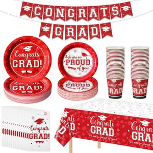 Graduation Party Supplies Congrats Grad Plates and Napkins Set Disposable Paper Plates Napkins Tablecloth Banner Cups Tableware for Class of 2026 Graduation Party Decorations Serve 50 (Red)