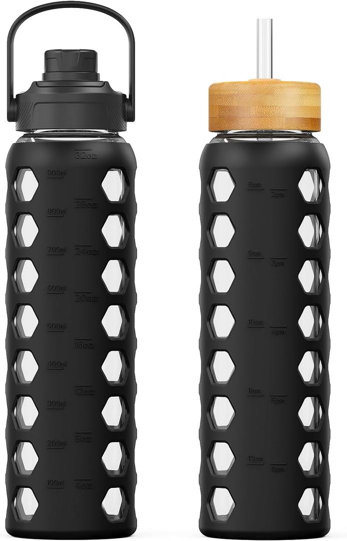 MUKOKO 32oz Glass Water Bottles with 2 Lids-Handle Spout Lid&Bamboo Straw Lid, Motivational Water Tumbler with Time Marker Reminder and Silicone Sleeve, Leakproof-Black-1 Pack