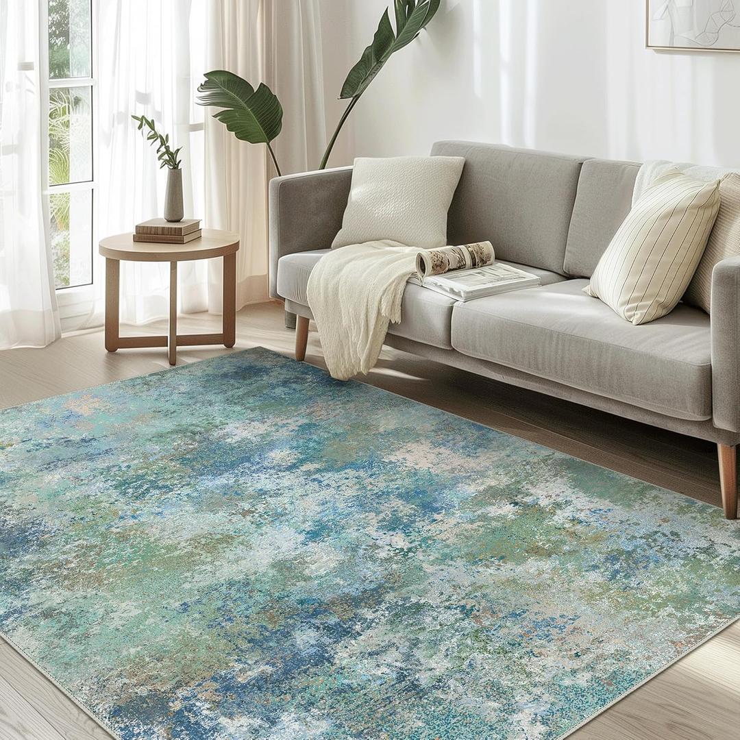 Area Rugs 9x12 Machine Washable Area Rug for Bedroom Living Room Dining Room, Large Modern Abstract Soft Rugs, Indoor Low Pile Carpet with Non Slip Rubber Backing, Abstract Blue Green