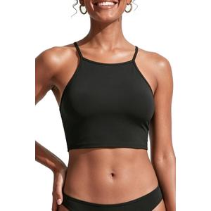 Aqua Eve Women's Sport Bra Bikini Tops Racerback Swimsuit High Neck Bathing Suit Crop Swim Tops Only No Bottom (Large, Black)