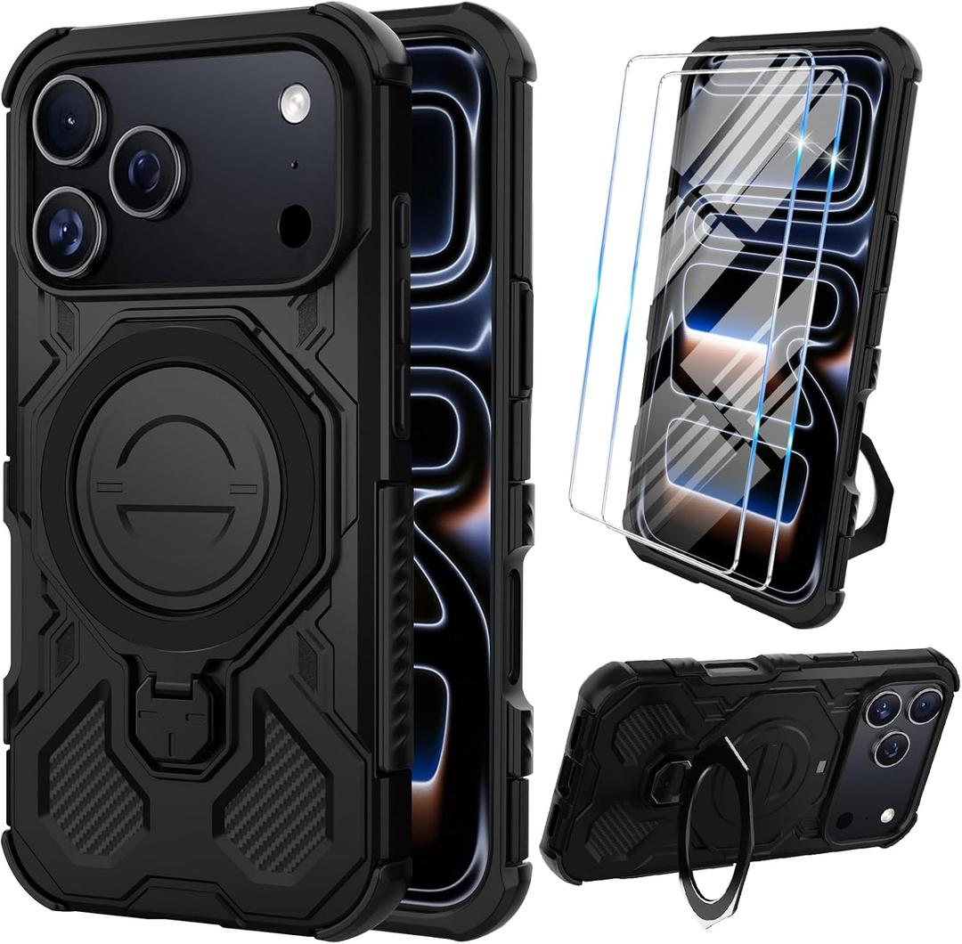 2 x Vaki for iPhone 17 Pro Case with Tempered Glass Screen Protector, Heavy Duty Military Grade Shockproof Protective Cover 360° Ring Magnetic Kickstand Armor Cell Phone Case for iPhone 17 Pro (Black)