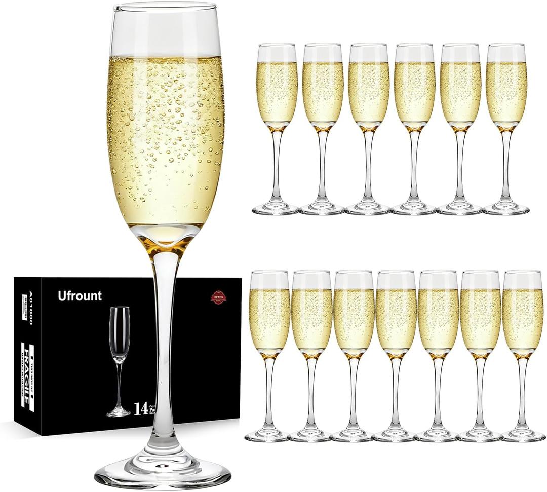 6oz Champagne Flute,Clear Champagne Glasses Set of 14,Elegant Stemmed Champagne Glasses Sparkling Glasses for Birthday,Parties,Wedding