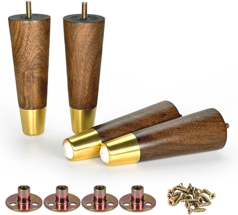 6 Inch Wooden Furniture Legs with Gold Cap Set of 4 Sofa Replacement Solid Wood Furniture Feet for Armchair Couch Cabinet Dresser Ottoman TV Stand Bed Legs (Dark Brown-6inch)