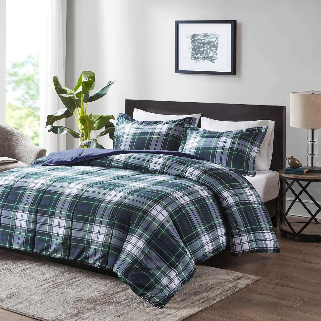 Madison Park Essentials Parkston Plaid Comforter Set Soft Brushed Microfiber College Bedding, 3M Scotchguard Stain Release Cover, Modern All Season Cabin Bedding, Full/Queen, Navy, 3 Piece
