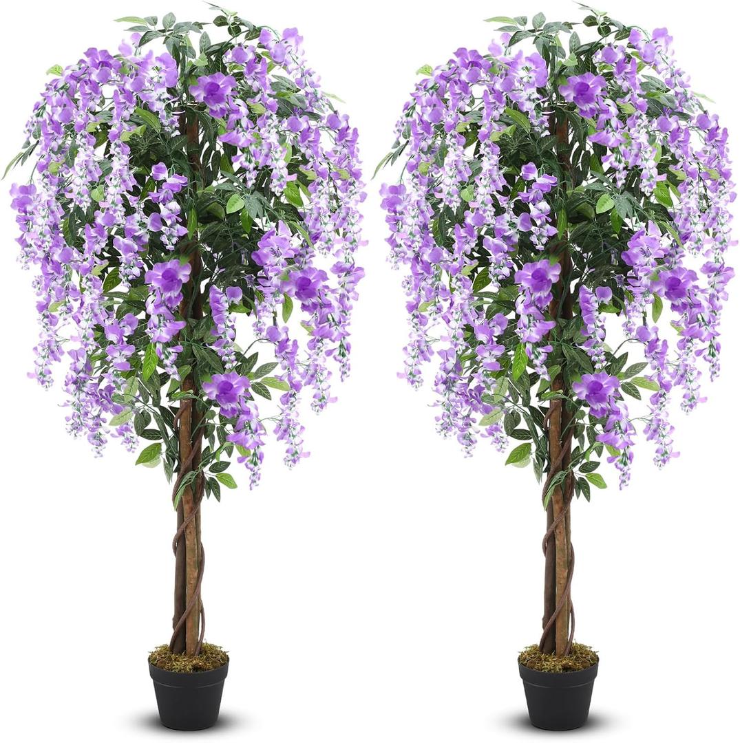 Thiccywoov 2 Pack 5ft Artificial Wisteria Tree Tall Fake Tree with Cement Base Pot Faux Floor Plant Decoration for Indoor Outdoor Home Office Housewarming Gift
