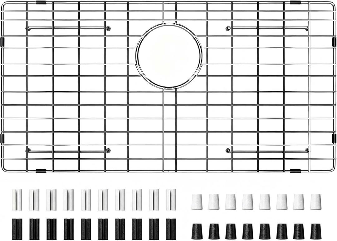 Sink Protector Grid 27-9/16"x14-9/16", Rear Drain with Corner Radius 3/16" | 304 Stainless Steel Heavy‑Duty Kitchen Sink Grate–Single‑Bowl Bottom Rack with Rubber Feet 2Pack, Heat & Scratch Resistant, 27-1/2" X 15-9/16"