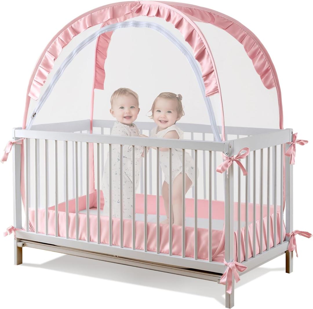 Lazyzzzz Crib Tent - Pop Up Crib Canopy with Double Zipper Self-Locked, Mosquito Net Mesh Crib Net to Keep Baby from Climbing Out, Portable Easy Install 55" L x 27" W x 51" H Pink