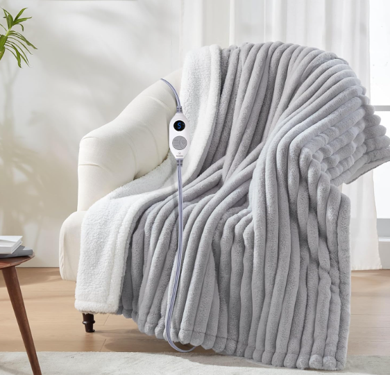 Westinghouse Electric Blanket Heated Throw, Super Cozy Luxury Faux Fur & Sherpa with 6 Heating Levels & 2-10 Hours Auto Off, Fast Heating & Overheat Protection, 50x60 Inch, Light Grey