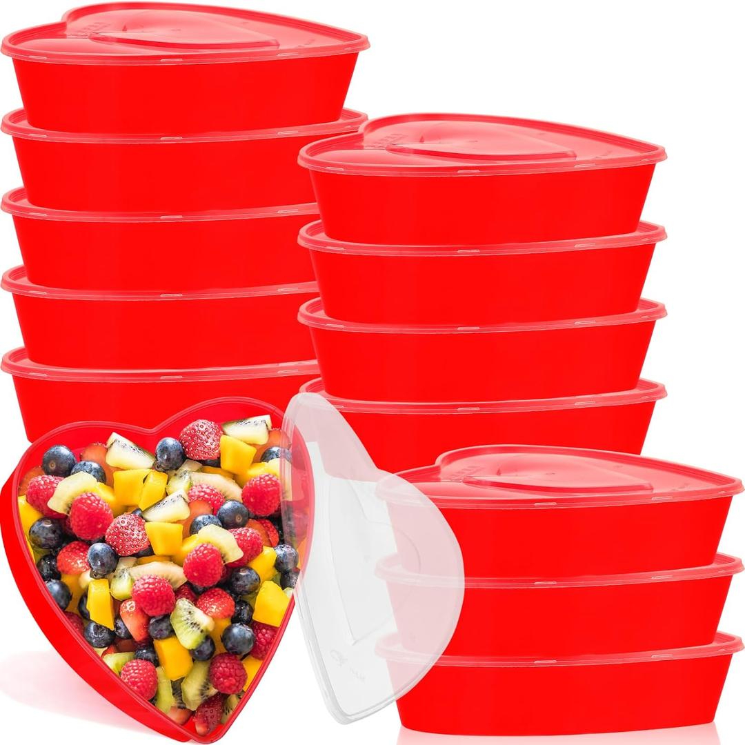 Hushee 12 Pcs Valentine's Day Heart Containers Plastic Food Storage Containers with Lids Heart Shaped Box Disposable Dessert Lunch Box for Valentines Restaurant Fruit Vegetable, 16.9 Oz/ 500 ml