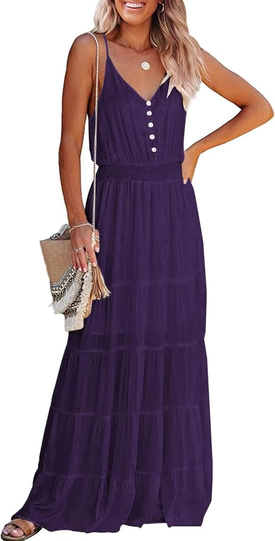 PRETTYGARDEN Women's 2026 Summer Maxi Dress Spaghetti Strap Sleeveless High Waist Beach Vacation Long Sundresses (Medium, Dark Purple)