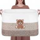 Extra Large Blanket Basket 65L Little Bear Rectangle Woven Storage Basket with Handle for Storing Dirty Clothes Stuffed Animal Toy Storage for Living Room Bathroom 22" x 15" x 12" Brown